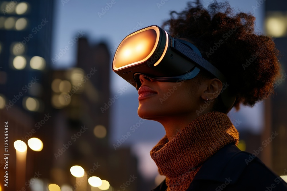 Poster experiencing virtual reality in an urban setting during twilight hours