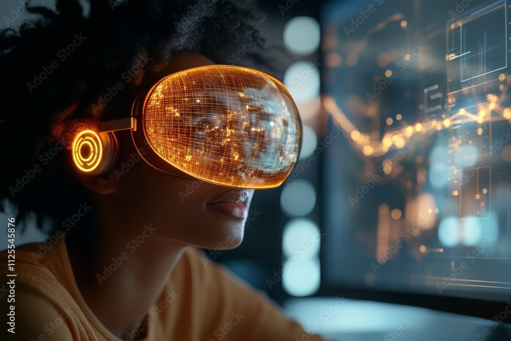Aufkleber engaging in immersive virtual reality experience at a tech workspace during evening hours