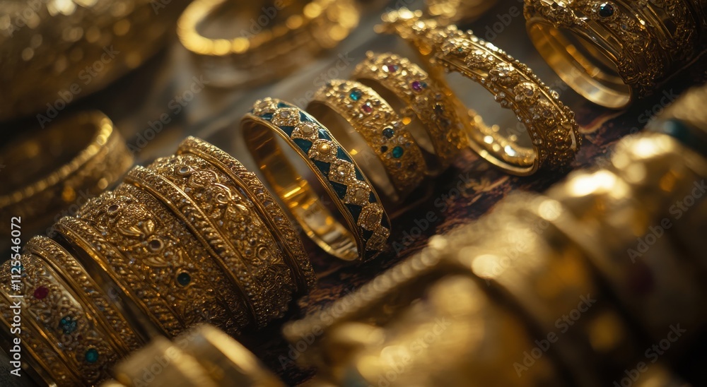 Poster elegant assortment of intricately designed gold bangles with detailed patterns and colorful gemstone
