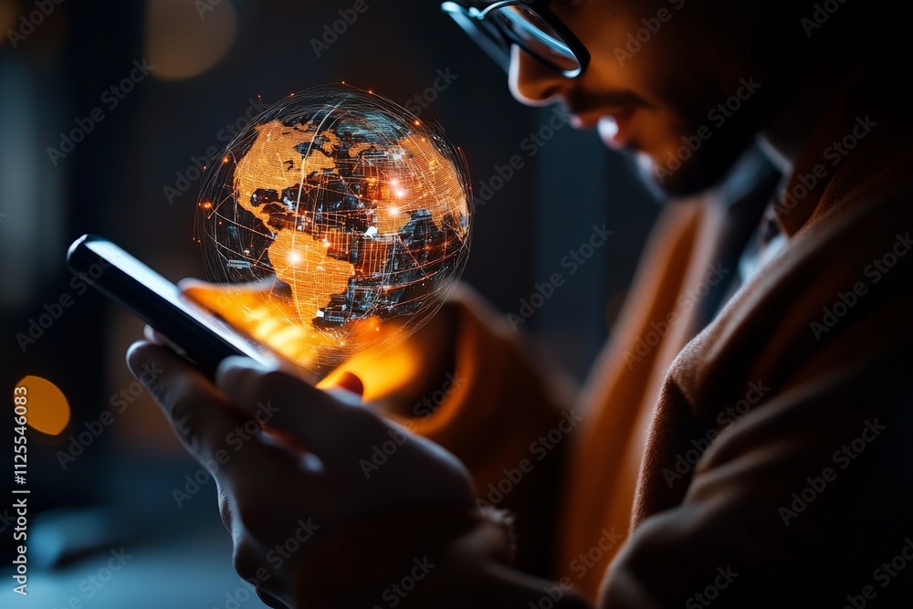 Aufkleber individual interacts with smartphone displaying a glowing world map in a dark environment, illustrat