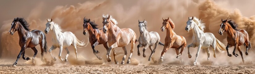 Obraz premium A panoramic view of an entire herd or race of horses running in the desert
