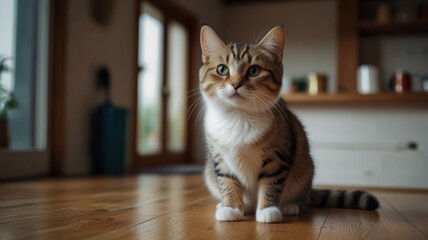 Adorable tabby cat sitting on hardwood floor in home.