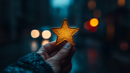 businessman holds a bright yellow star symbolizing success, achievement, and aspiration. The star reflects ambition and the pursuit of goals, representing a shining future in the business world