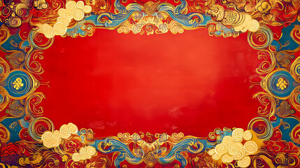 Vibrant red oriental background with intricate gold and blue patterns