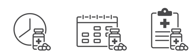 Prescribing medication line icons. Medication, pill schedule reminder. Health care isolated vector images in simple style