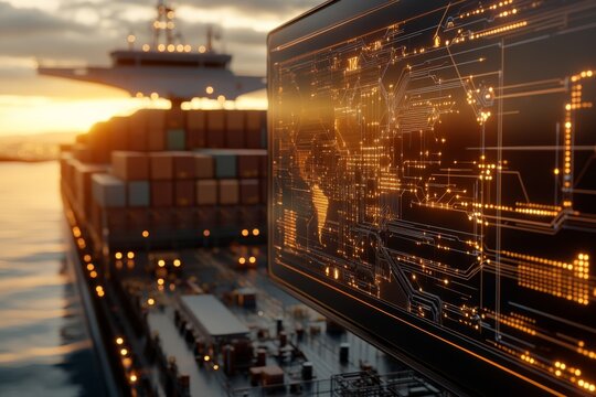 Global logistics network visualization at sunset near cargo ship in harbor