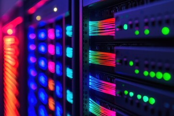 Naklejka premium A close-up view of colorful LED-lit servers, showcasing vibrant lights and cables in a modern data center environment.