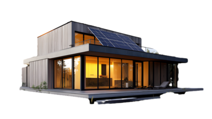 Modern sustainable house with solar panels and large glass windows in a serene environment