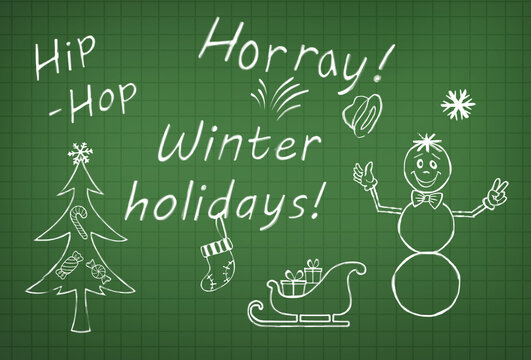 Horray! Winter holidays ! presentation message on school boar .Winter holiday doodles : cute snowman, christmas tree , sledge with presents ,drawing on teal green math line school chalkboard . 