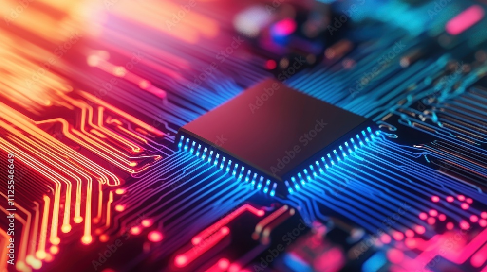 Poster a vibrant close-up of a microchip on a circuit board, showcasing intricate patterns and colorful lig
