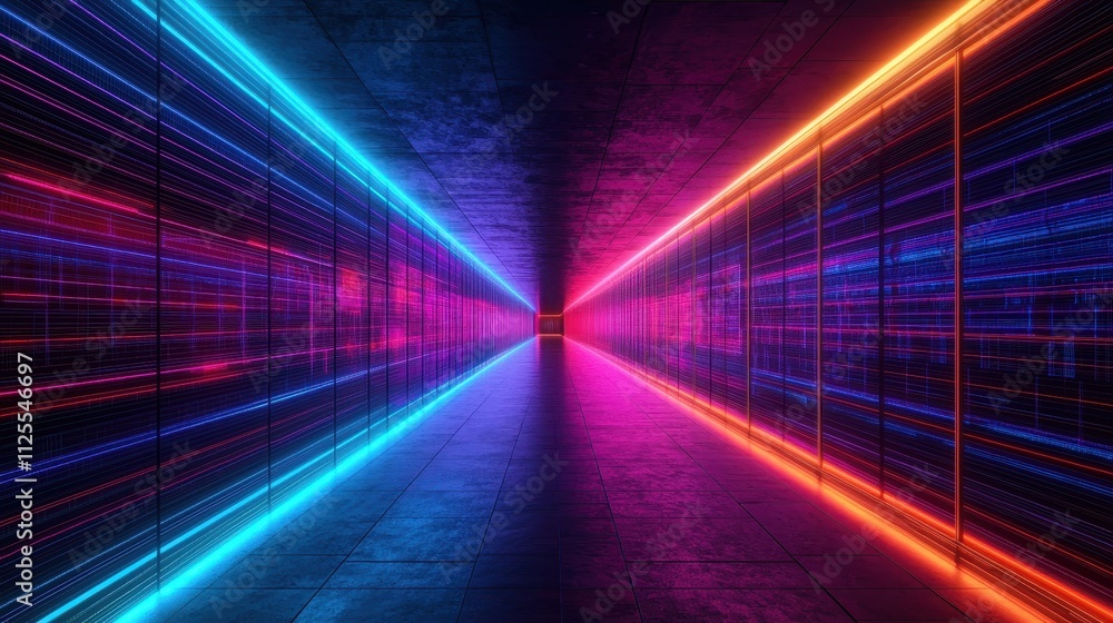 Poster a neon-lit corridor with vibrant blue and pink lights creating a futuristic atmosphere and dynamic v