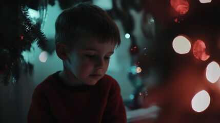 Boy is sitting in front of a Christmas tree