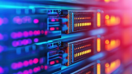 A close-up view of illuminated server racks, showcasing vibrant LED lights indicating operational status in a data center environment.