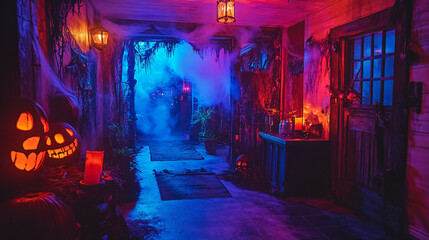 Setting up a haunted house experience with props and effects.