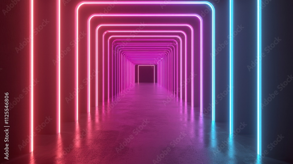 Poster a vibrant corridor illuminated by neon lights in pink and blue, creating a futuristic and immersive 