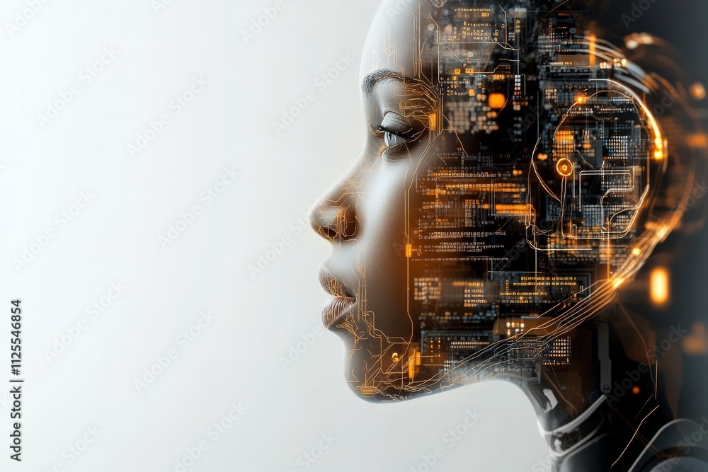 Poster futuristic female robot profile with digital circuitry illuminated in a modern design setting