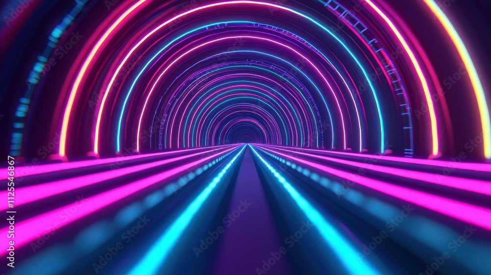Poster a vibrant, futuristic tunnel illuminated with neon lights, creating a dynamic and immersive visual e