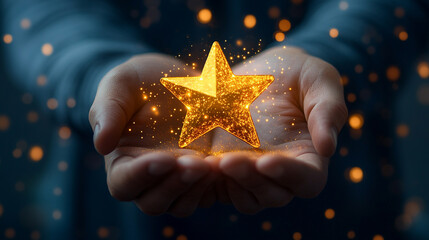 businessman holds a bright yellow star symbolizing success, achievement, and aspiration. The star reflects ambition and the pursuit of goals, representing a shining future in the business world