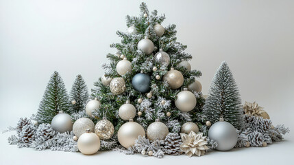 Elegant holiday christmas tree with silver and gold ornaments and flocked pine cones
