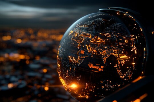 Glowing digital depiction of Earth captured from a high vantage point during twilight