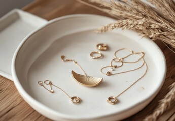 Naklejka premium Elegant Collection of Gold Jewelry Displayed on a Minimalist Plate Surrounded by Natural Elements and Soft Lighting for a Luxurious Atmosphere