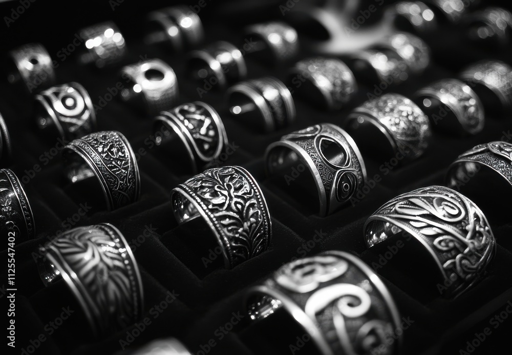 Poster elegant collection of intricately designed silver rings showcasing unique patterns and textures idea