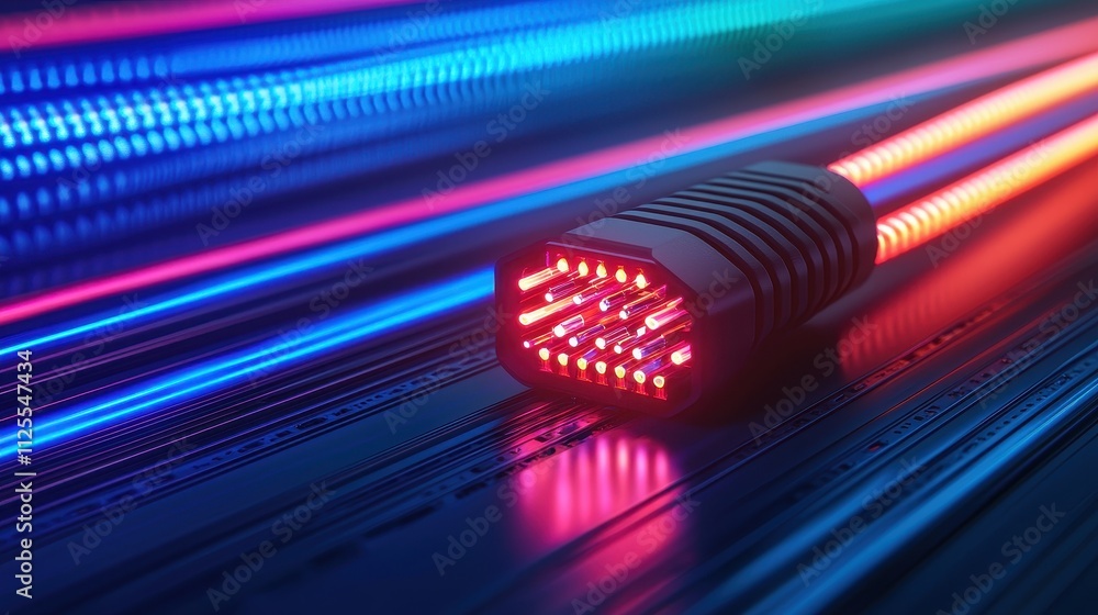 Poster a vibrant, futuristic display featuring a glowing device surrounded by colorful light trails represe