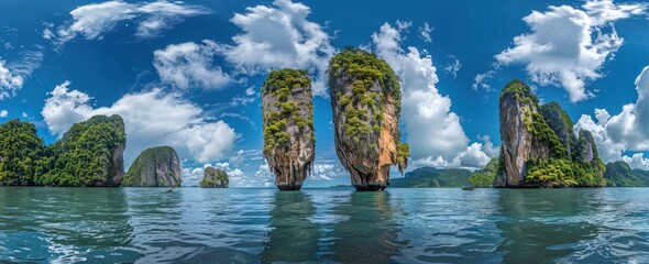 Phuket island with James Bond island in Thailand, a blue sky and white clouds
