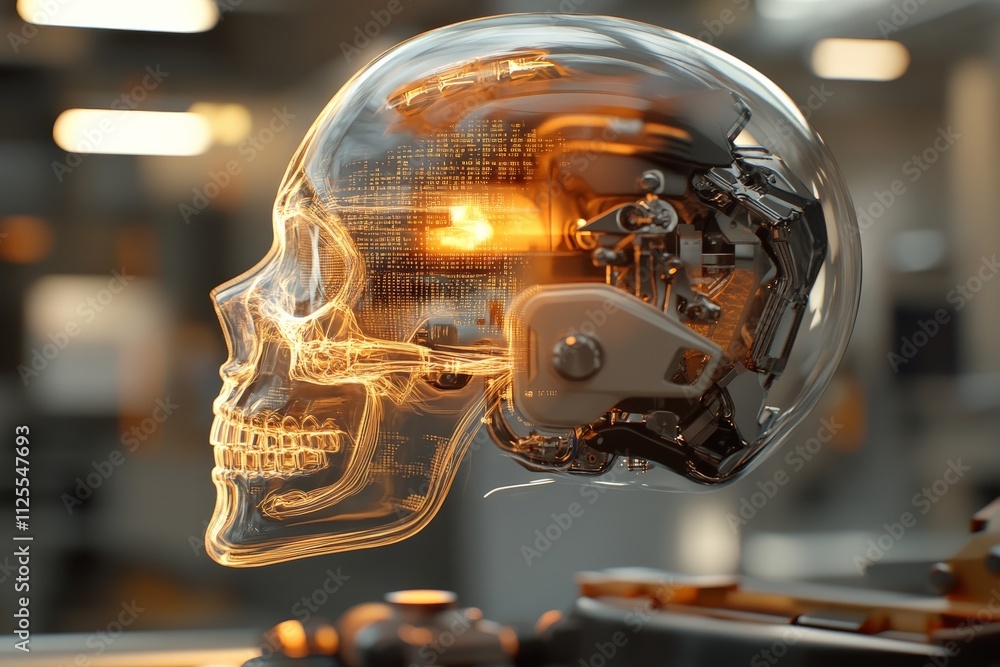 Aufkleber futuristic transparent robotic skull showcasing advanced technology with glowing elements in a moder