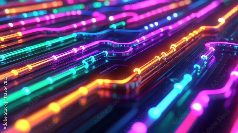Poster a vibrant, abstract representation of circuit patterns with glowing neon colors, illustrating techno