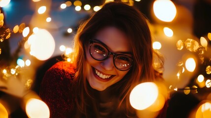 Woman wearing glasses and a red sweater is smiling
