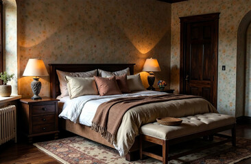 Modern Cozy Interior Bedroom Apartment, Comfortable House Design. AI Generative