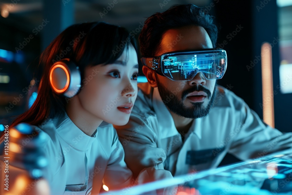 Poster people using virtual reality technology while engaging in an immersive experience in a futuristic en