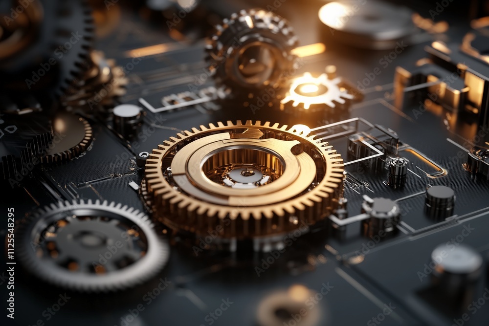 Poster intricate arrangement of metal gears and circuit components in a dimly lit mechanical environment