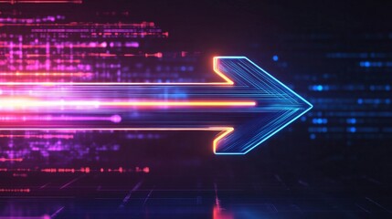 Bright neon arrow flying through digital data stream