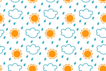 Colorful weather pattern featuring sun, clouds, and rain on a light background