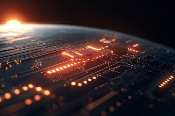 Digital circuit board patterns illuminated by sunrise over a dark planet in space