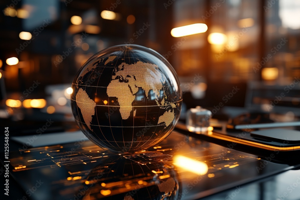 Poster glowing globe on display in modern workspace during evening hours showcasing detailed world map