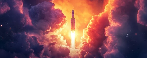 Fototapeta premium Abstract perspective of rocket entering the atmosphere, intense colors, smoke, and clouds blending