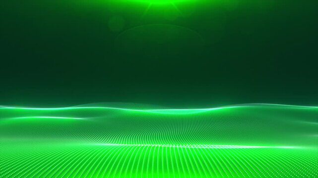bstract green landscape with flowing digital waves, glowing lines and particles on a dark background