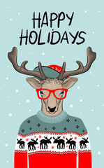 Hand drawn vector illustration of Christmas deer in green sweater on white background. Hipster in glasses and hat	