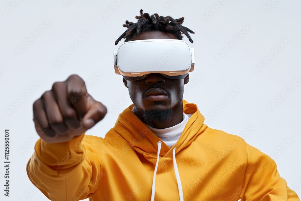 Poster Engaging in virtual reality experience while wearing headset in minimalist studio setting