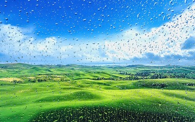 Raindrops falling on window overlooking green hills and blue sky