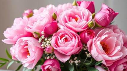 Fototapeta premium A beautiful arrangement of pink peonies and roses with space for text, romantic, bouquet
