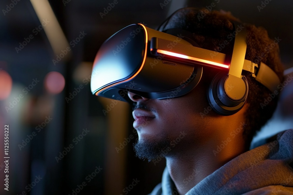 Poster user engages in immersive virtual reality experience with high-tech headset during evening hours