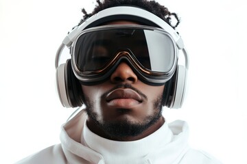 Man wearing futuristic goggles and headphones in a minimalistic studio setting