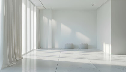 Fototapeta premium Modern Scandinavian and minimalist living room interior. White empty room. Scandinavian interior design. Home Nordic interior.