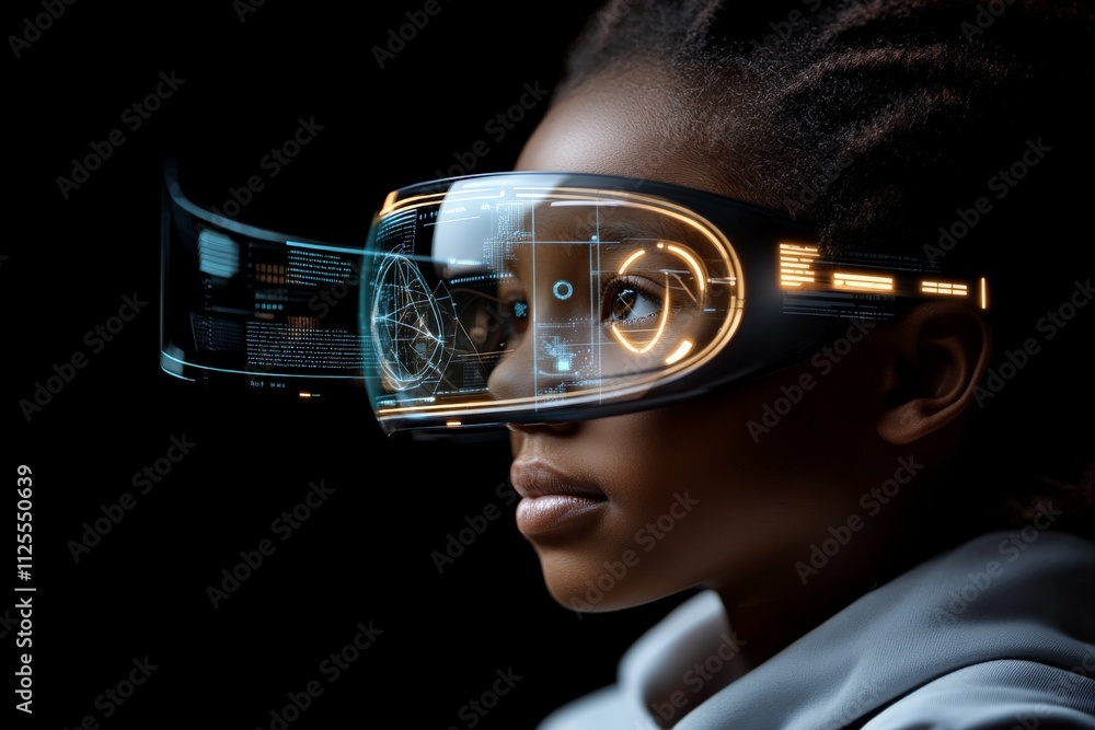 Poster child engages with advanced virtual reality technology in a dark environment showcasing futuristic e