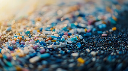 Obraz premium Colorful microplastic debris scattered on beach sand at sunset