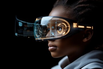 Child engages with advanced virtual reality technology in a dark environment showcasing futuristic elements and vibrant graphics